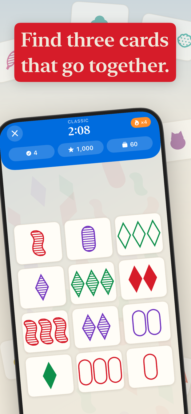 A board of Trio cards with three matching cards marked